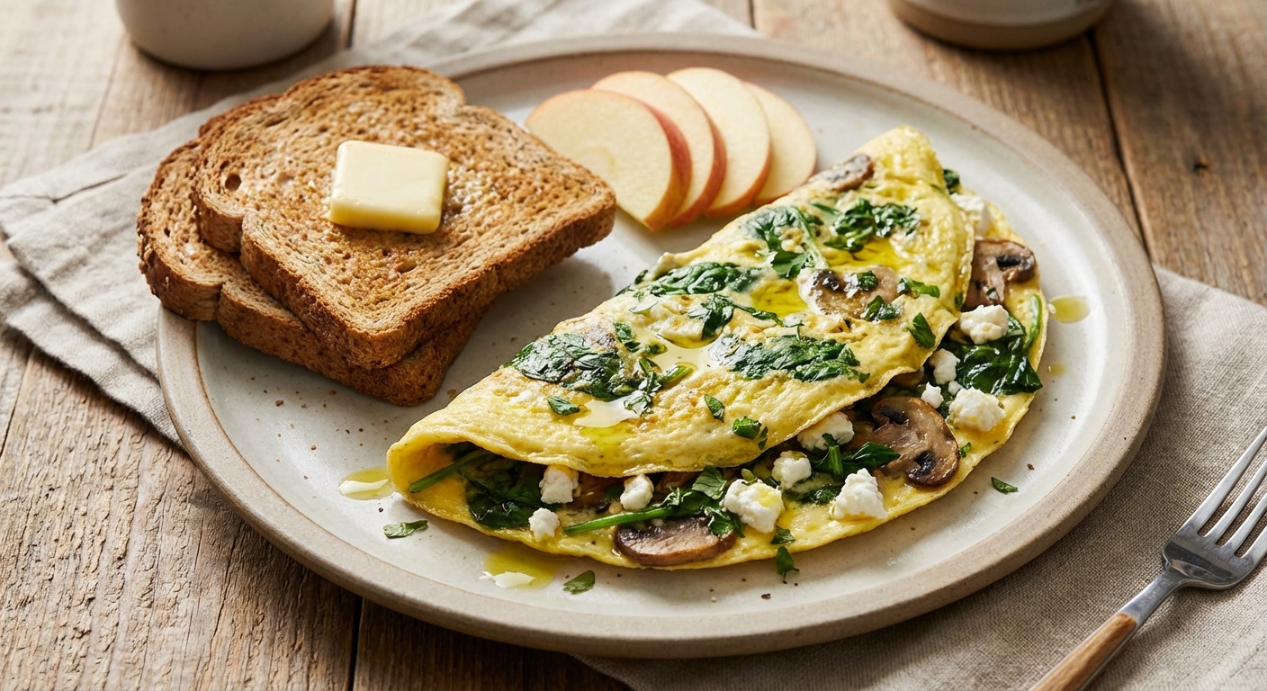Spinach, Mushroom & Feta Omelette with Whole Wheat Toast and Apple