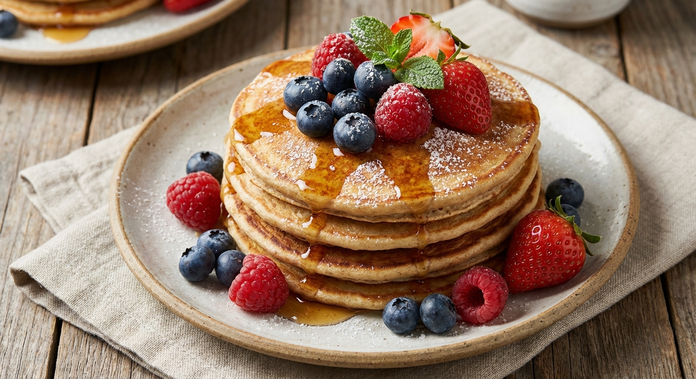 Egg-free Banana-Oat Pancakes with Berries & Maple