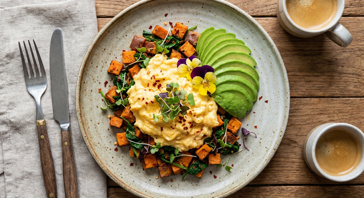 Scrambled Eggs with Spinach & Sweet Potato Hash, Avocado