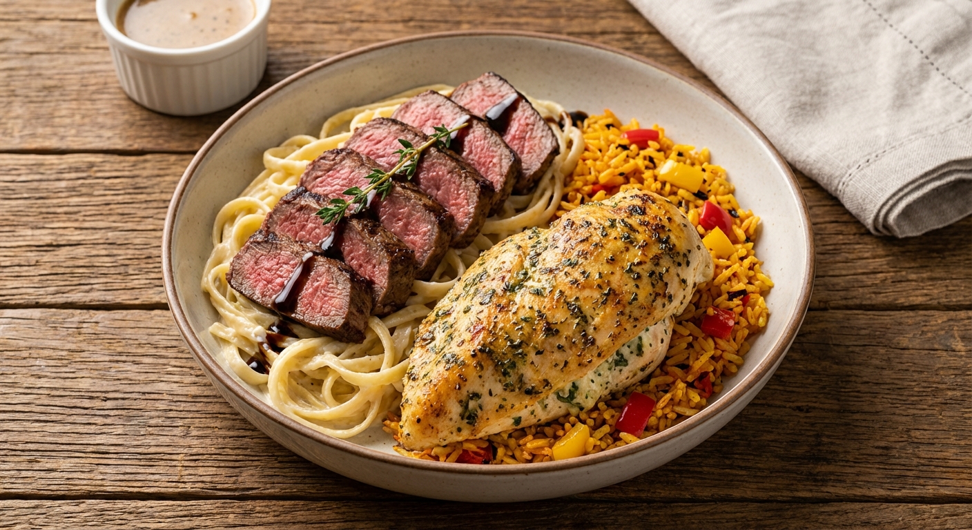 Protein Duo: Seared Sirloin & Garlic-Stuffed Chicken over Garlic-Parmesan Pasta with Charred Pepper Rice