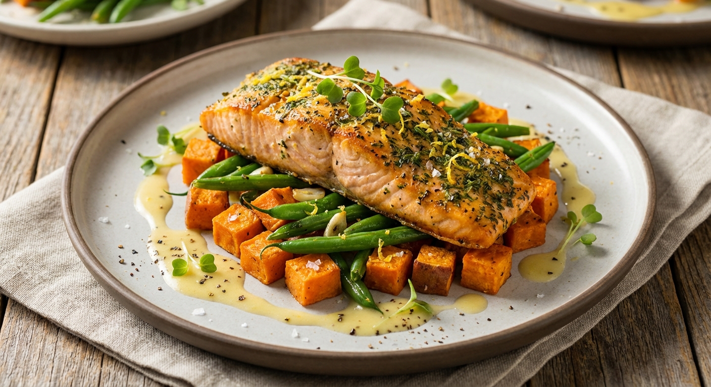Herb-Crusted Baked Salmon, Roasted Sweet Potato & Sautéed Green Beans