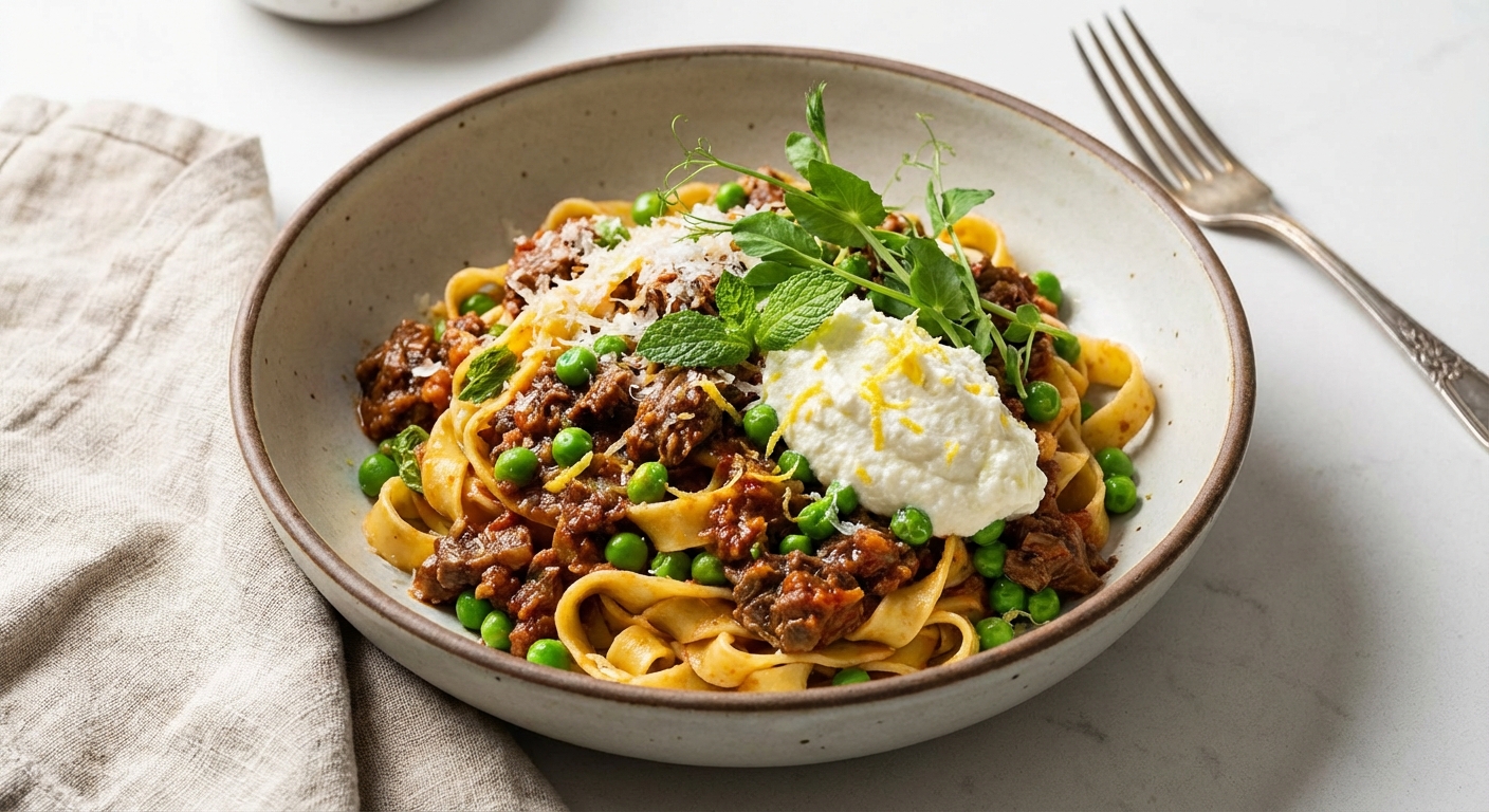 Tagliatelle with Quick Beef Ragù, Spring Peas & Lemon Ricotta