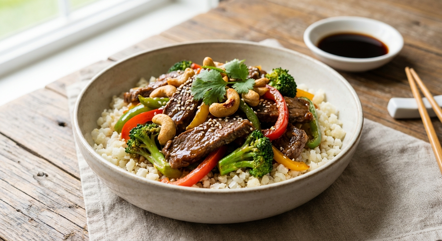 Beef & Vegetable Stir‑Fry with Cashews and Cauliflower Rice (Coconut Aminos)