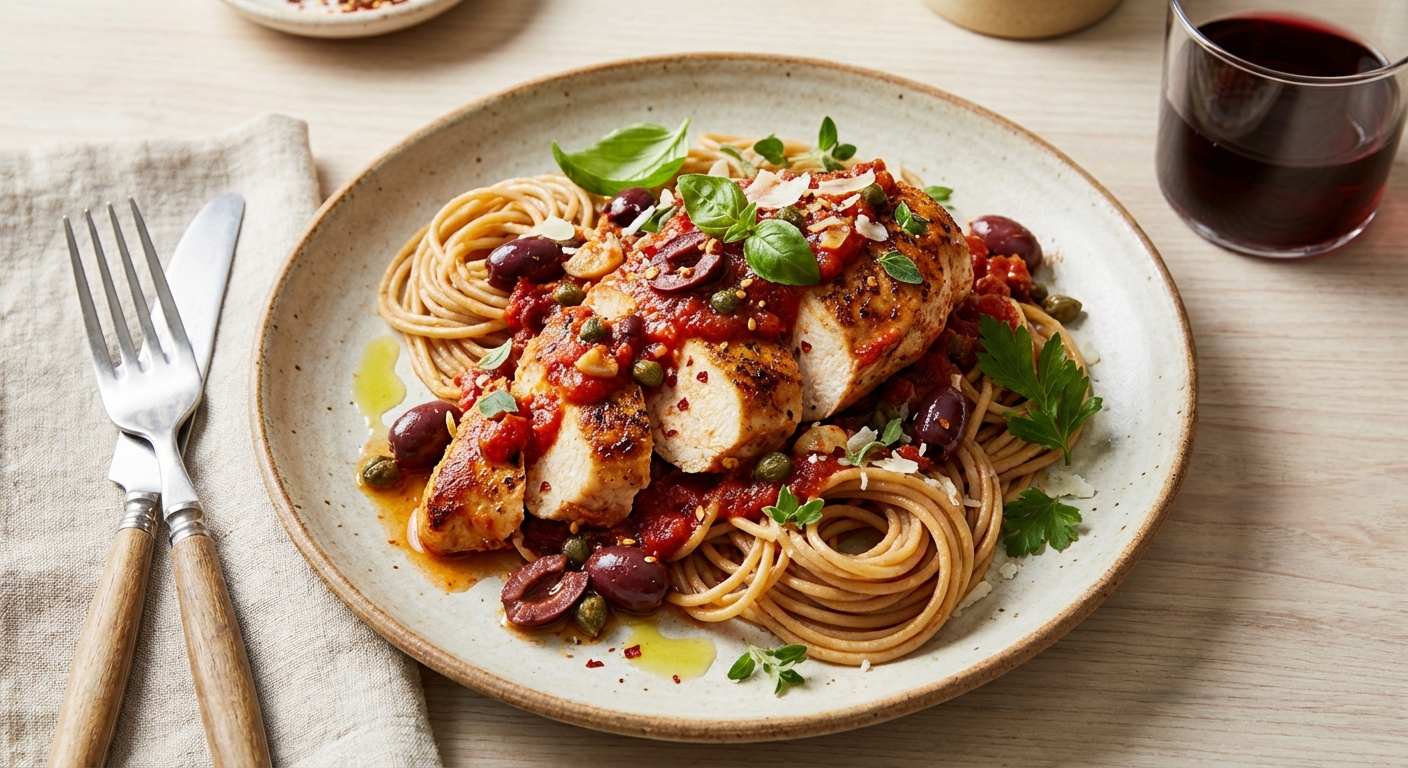 Italian Chicken Puttanesca with Whole-Wheat Spaghetti