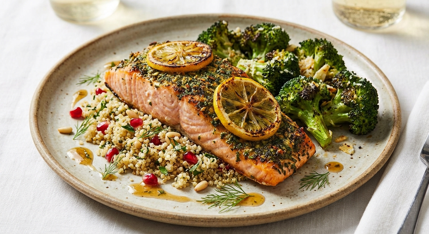 Baked Lemon-Herb Salmon with Quinoa & Roasted Broccoli