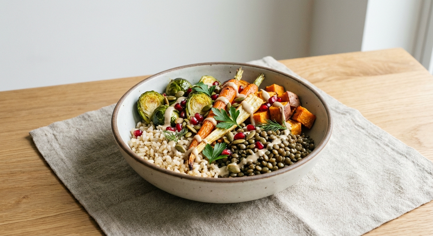 Warm Lentil & Roasted Vegetable Bowl with Brown Rice (Egg-Free)