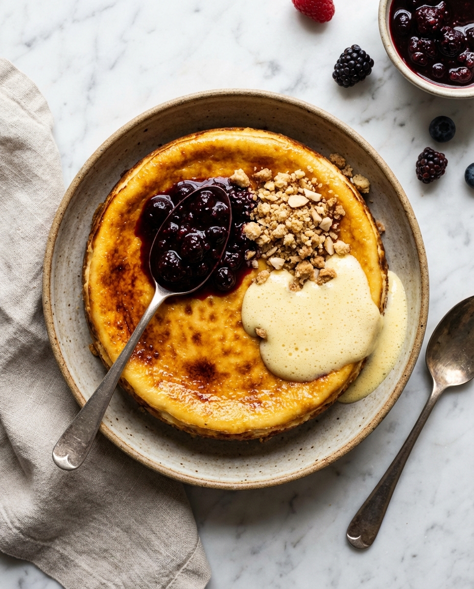 Warm-Caramelized Cheesecake with Spiced Berry Compote, Brown-Butter Almond Crumble & Lemon Sabayon