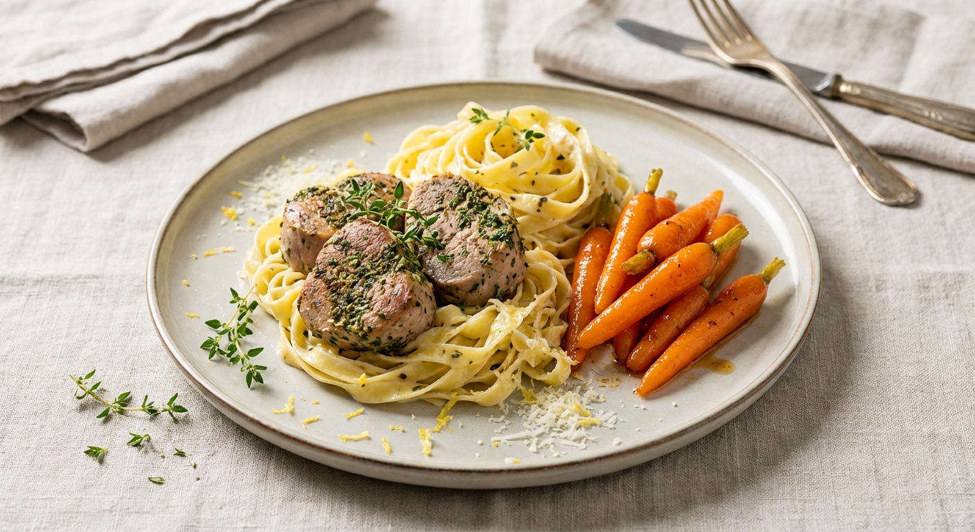 Garlic-Herb Pork Medallions with Creamy Lemon Tagliatelle and Glazed Baby Carrots