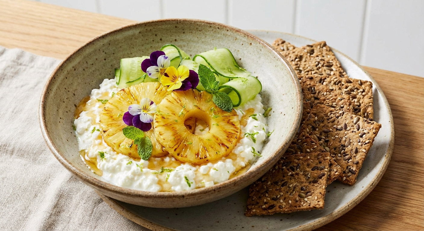 Cottage Cheese & Pineapple Bowl with Cucumber and Whole-Grain Crackers