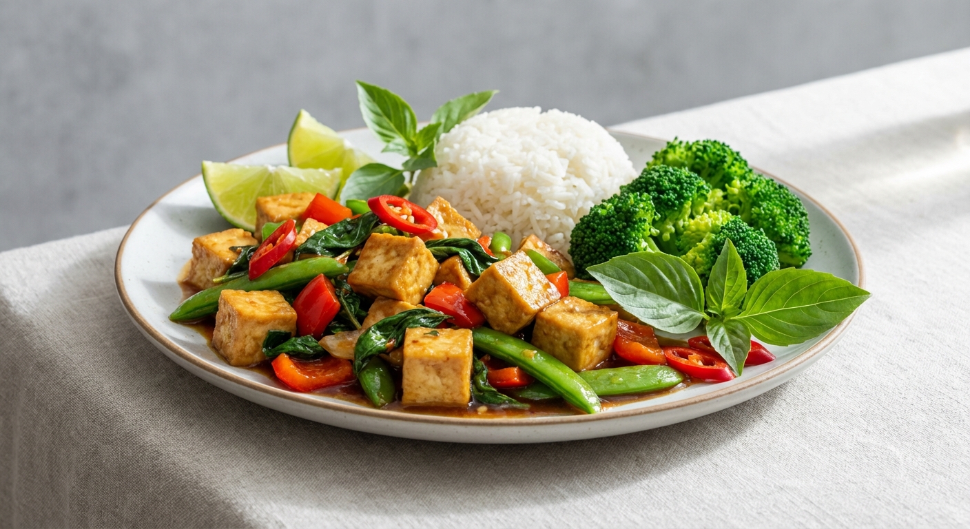 Thai Basil Tofu Stir-Fry with Jasmine Rice & Steamed Broccoli
