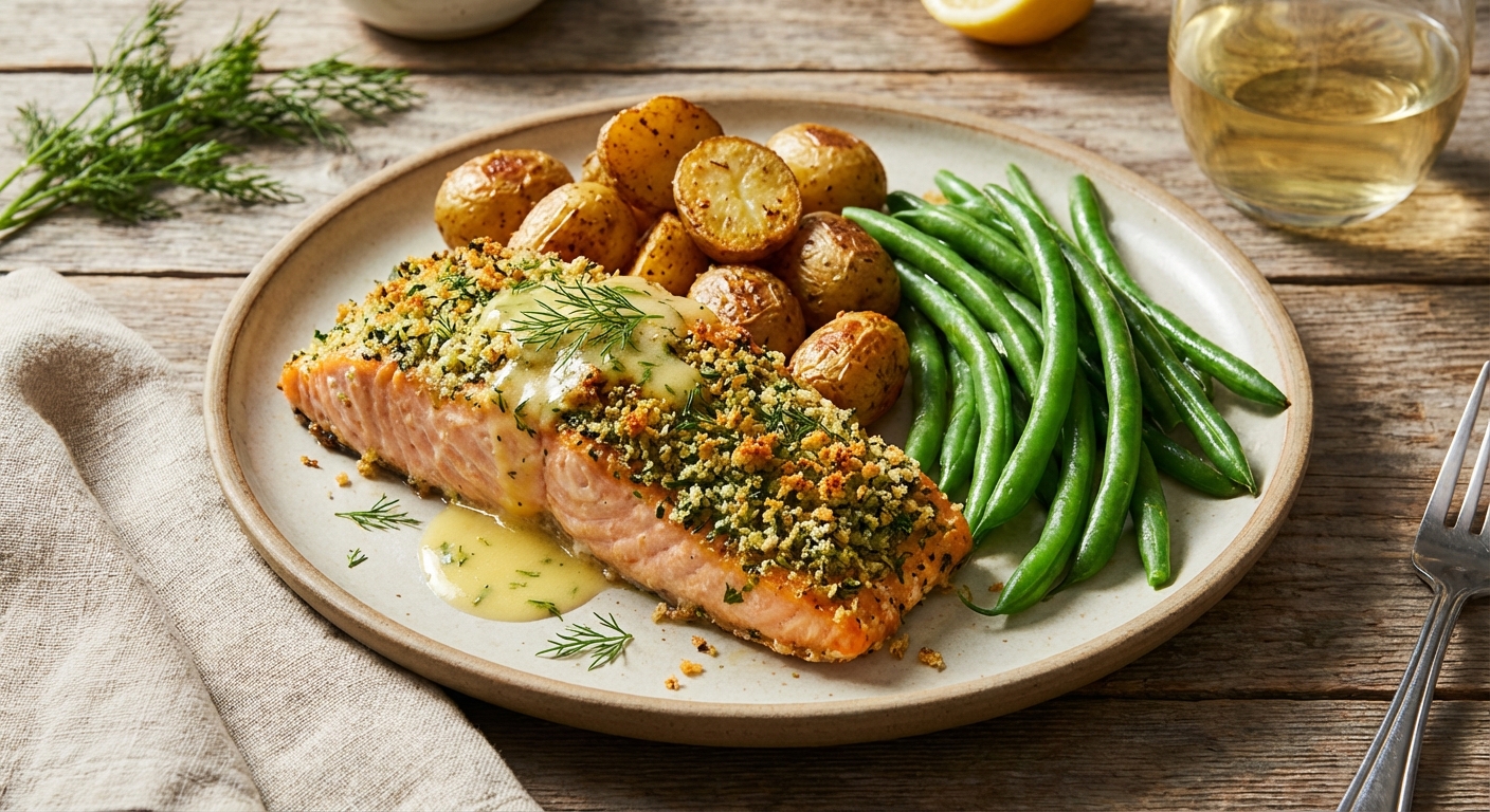 Baked Herb-Crusted Salmon with Garlic-Roasted Baby Potatoes & Steamed Green Beans
