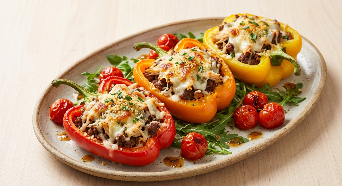 Cheesy Beef and Chicken Stuffed Peppers