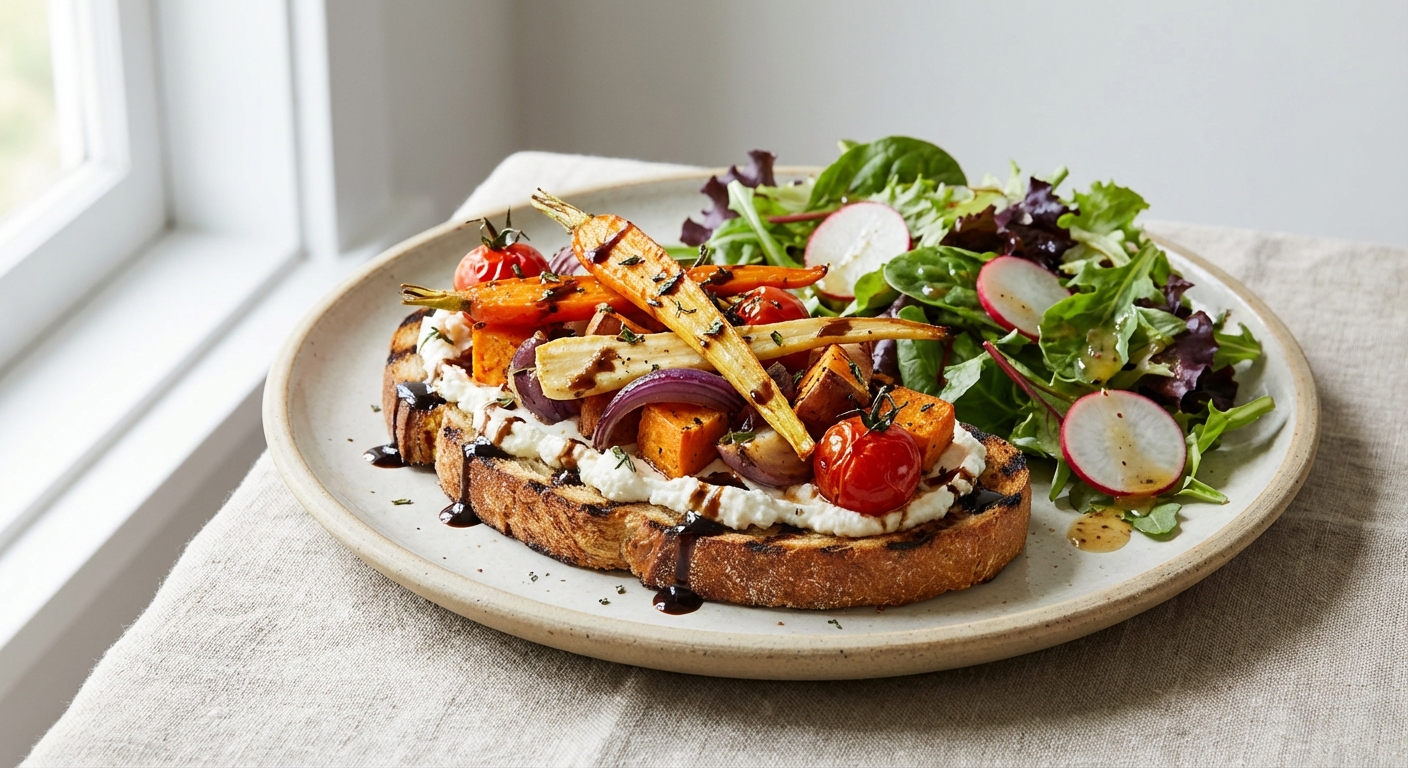 Roasted Vegetable & Goat Cheese Tartine with Mixed Greens