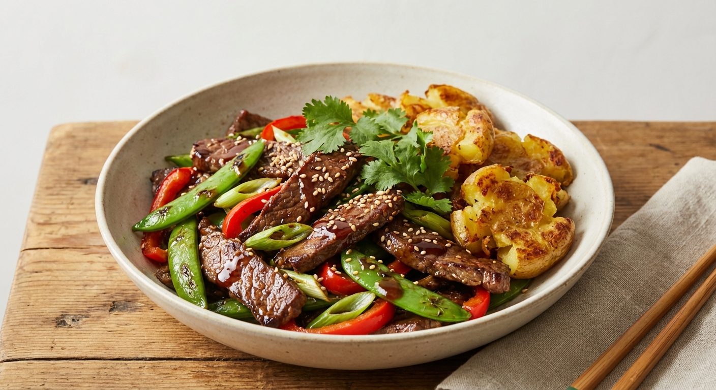 Charred Garlic-Ginger Beef Stir‑Fry with Crispy Smashed Yukon Potatoes