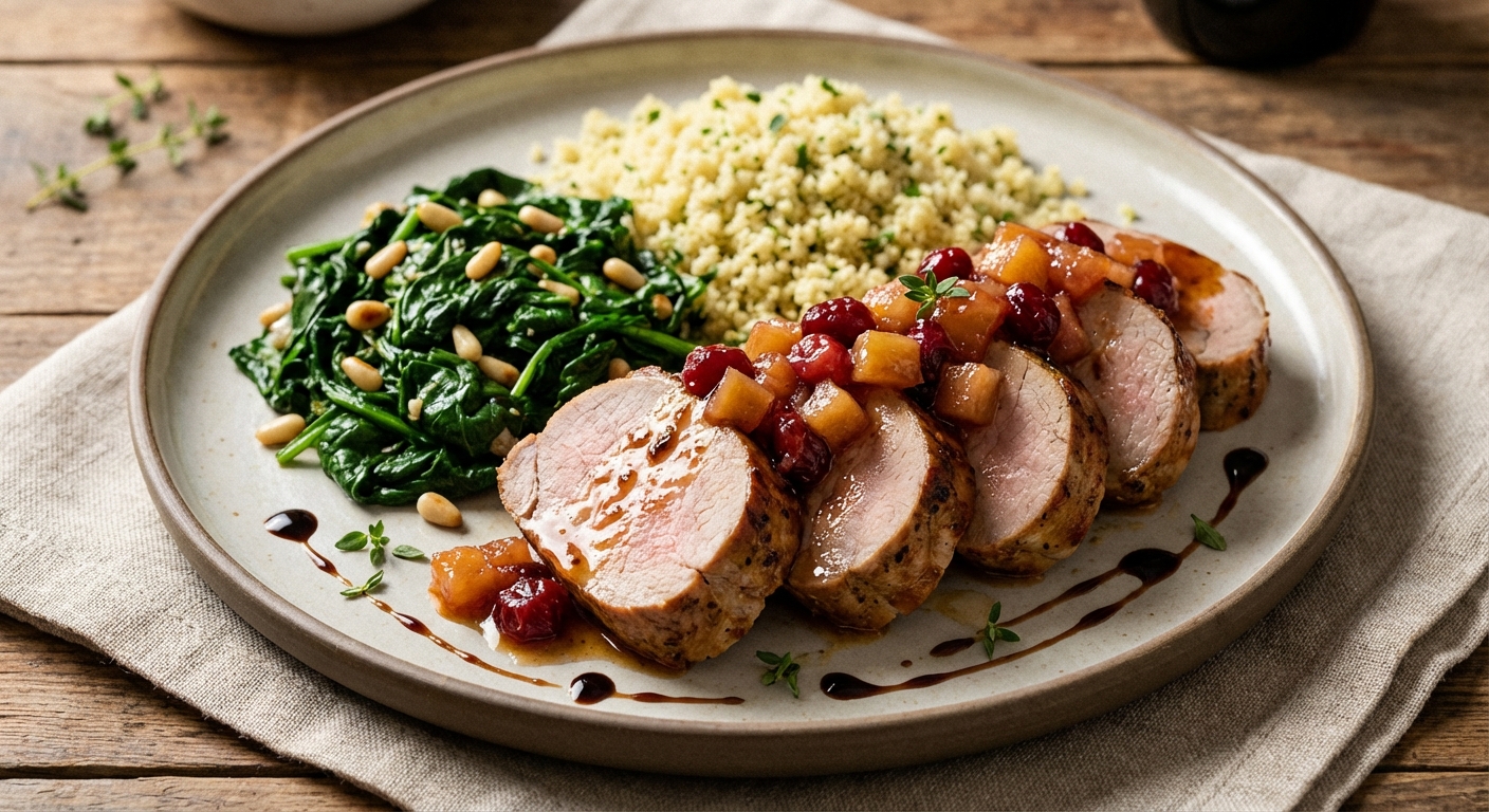 Pork Tenderloin with Apple Chutney, Sautéed Spinach & Couscous