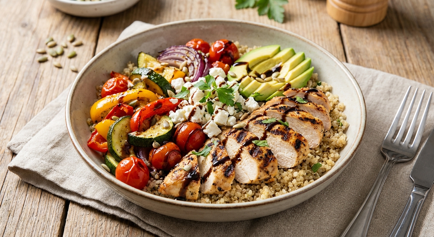 Grilled Chicken & Quinoa Salad with Roasted Veggies, Avocado & Feta - Delicious Homemade Recipe