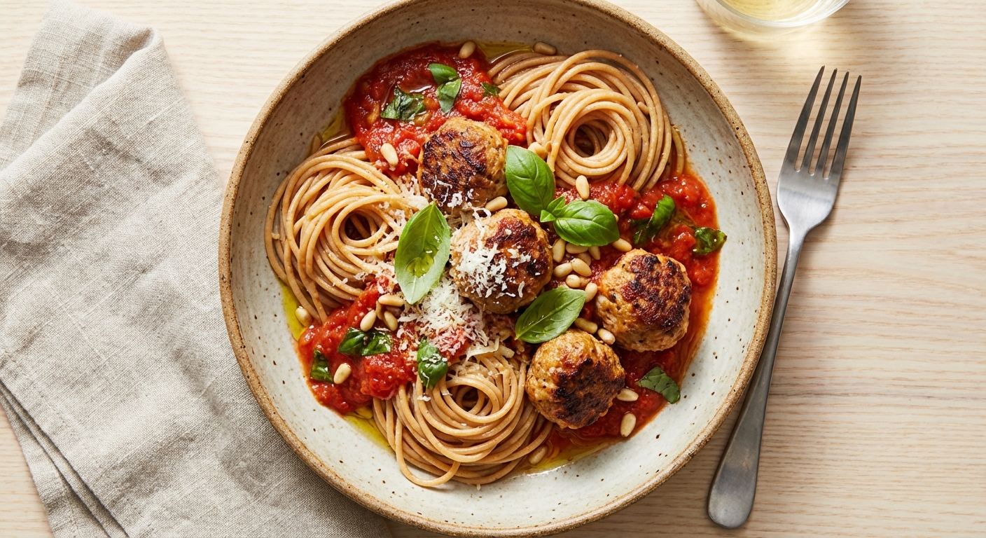 Baked Turkey Meatballs in Tomato Sauce with Whole-Wheat Spaghetti
