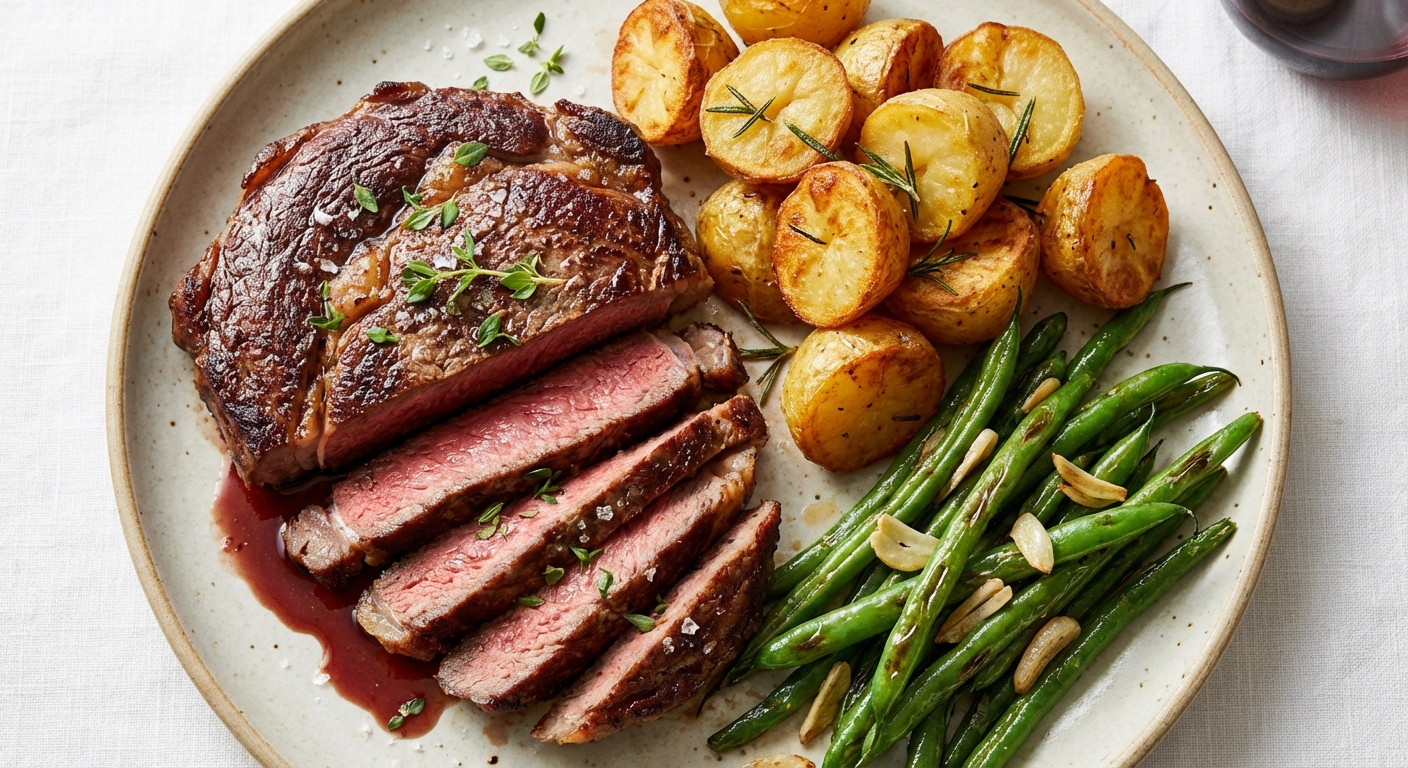 Pan-Seared Steak with Roast Potatoes & Garlicky Green Beans