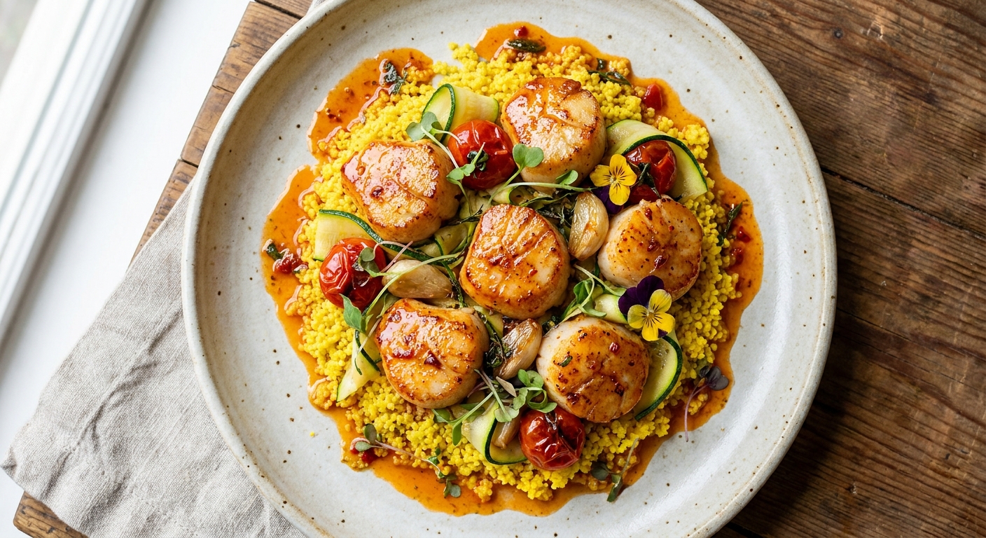 Garlic‑Chili Butter Scallops with Saffron Couscous, Zucchini Ribbons & Cherry Tomato Confit