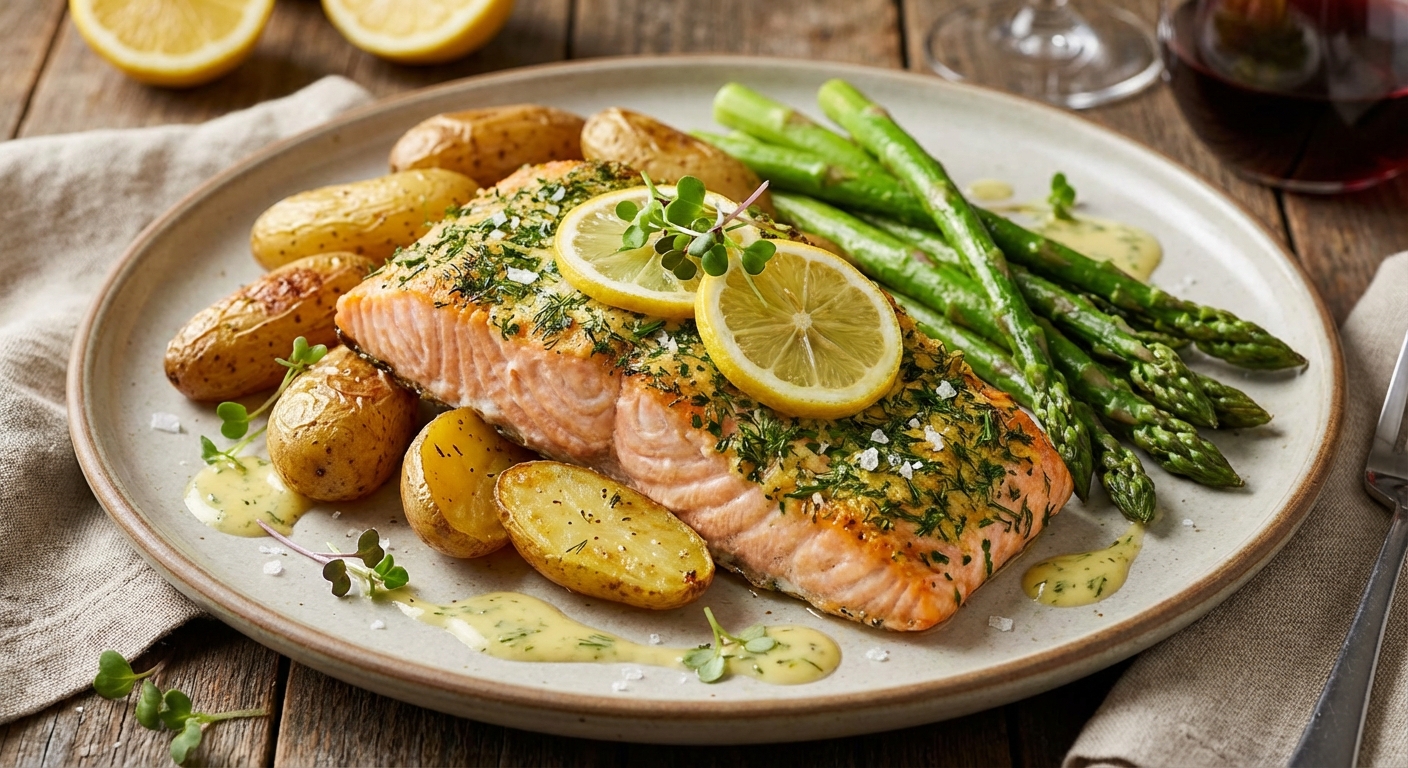 Lemon-Herb Baked Salmon with Roasted Fingerling Potatoes & Steamed Asparagus