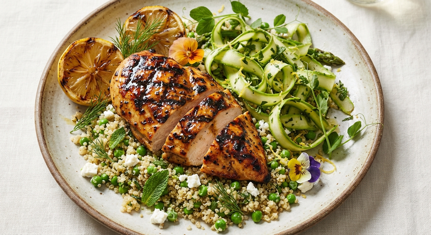 Charred Lemon-Dill Grilled Chicken with Spring-Pea Quinoa and Shaved Asparagus