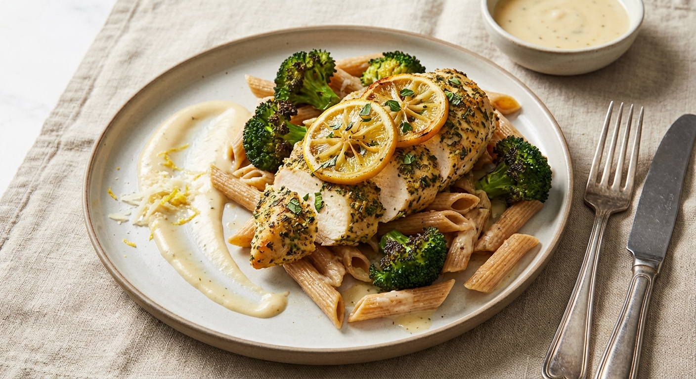 Baked Lemon-Herb Chicken with Whole-Wheat Penne & Roasted Broccoli
