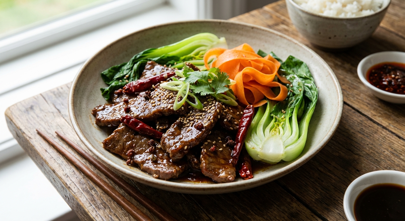 Szechuan Beef Stir-Fry with Bok Choy and Quick-Pickled Carrots