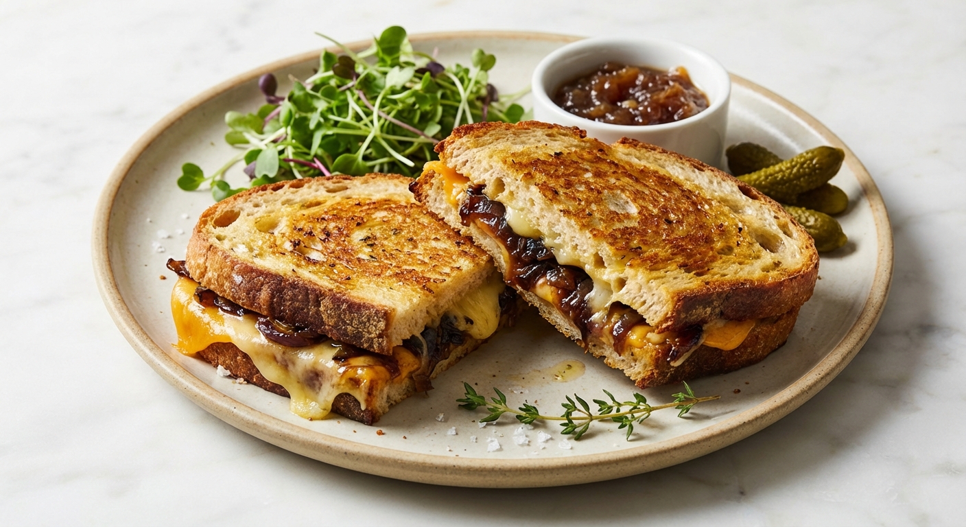 Caramelized-Onion Double-Cheese Grilled Sandwich with Garlic-Thyme Butter