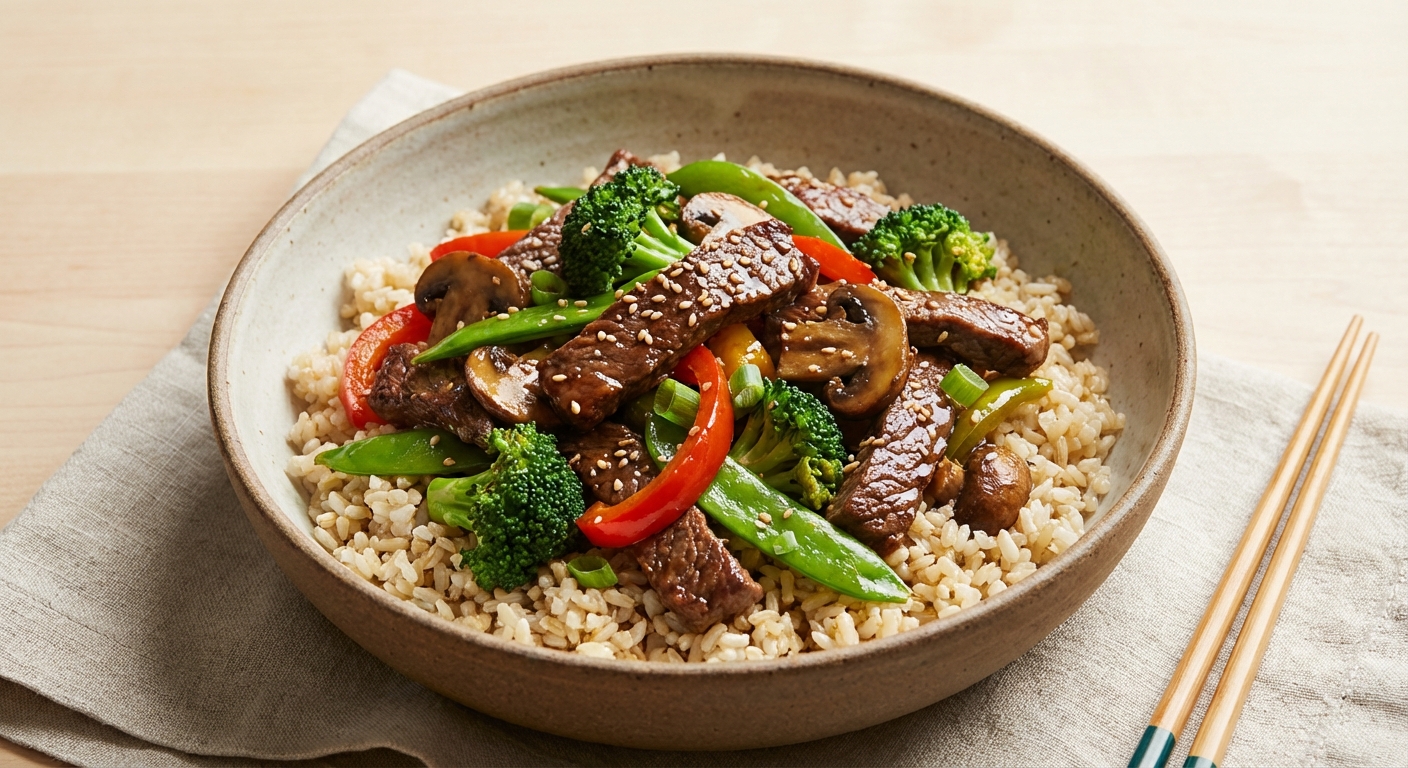 Beef & Vegetable Stir-Fry over Brown Rice (GF Tamari)