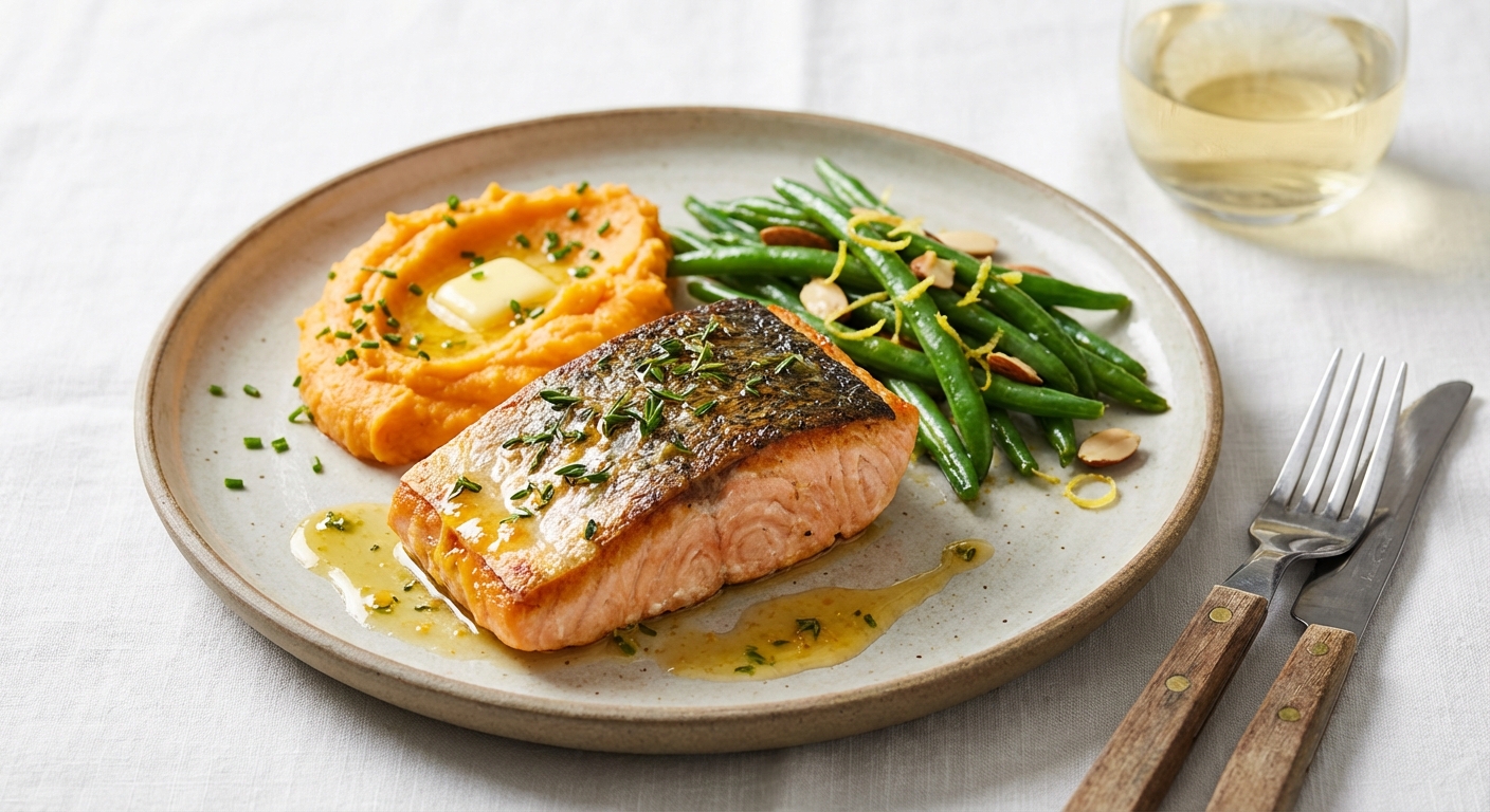 Baked Salmon with Mashed Sweet Potato & Sautéed Green Beans