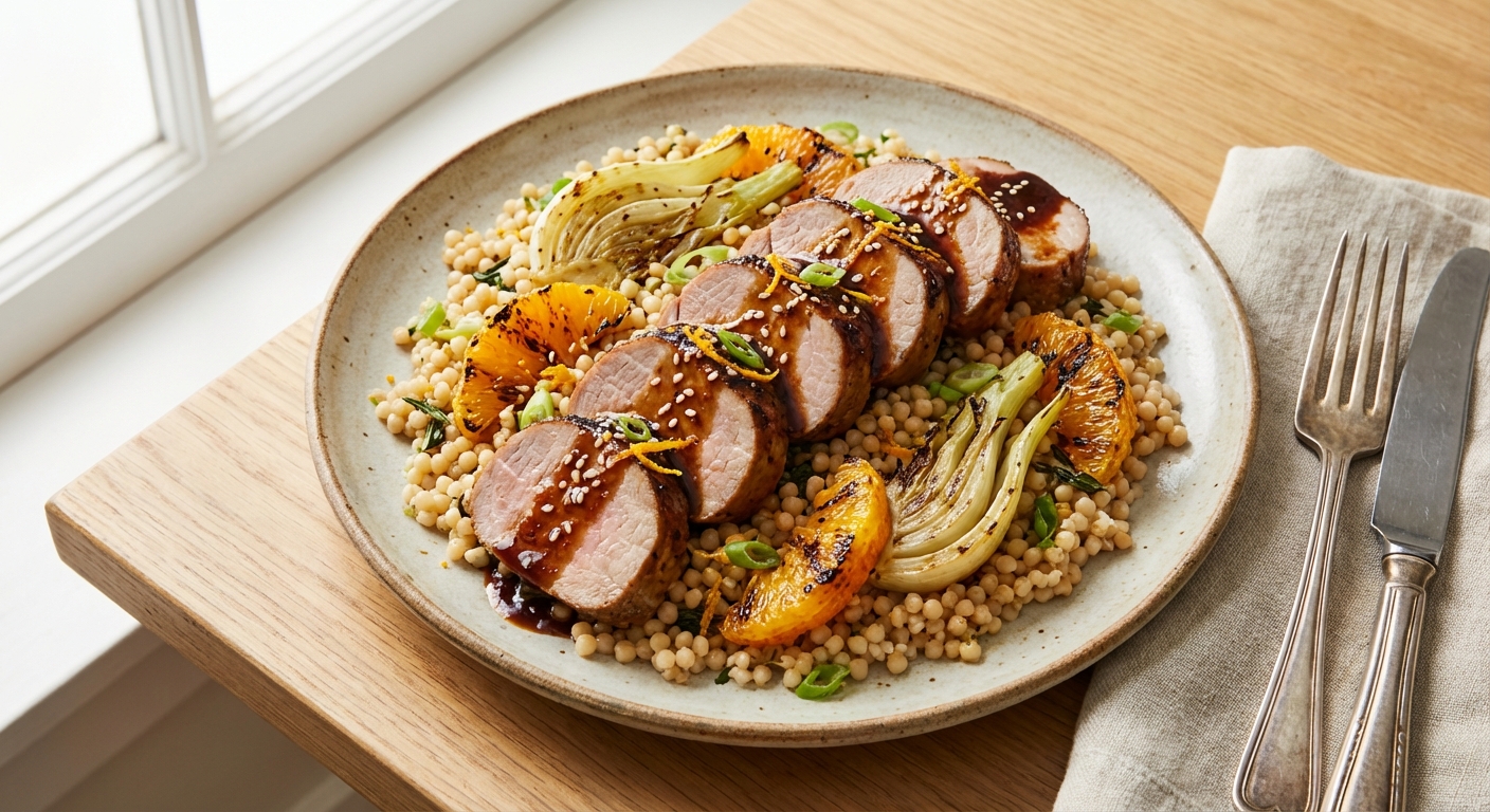 Miso-Glazed Pork Tenderloin with Warm Israeli Couscous, Roasted Fennel & Orange
