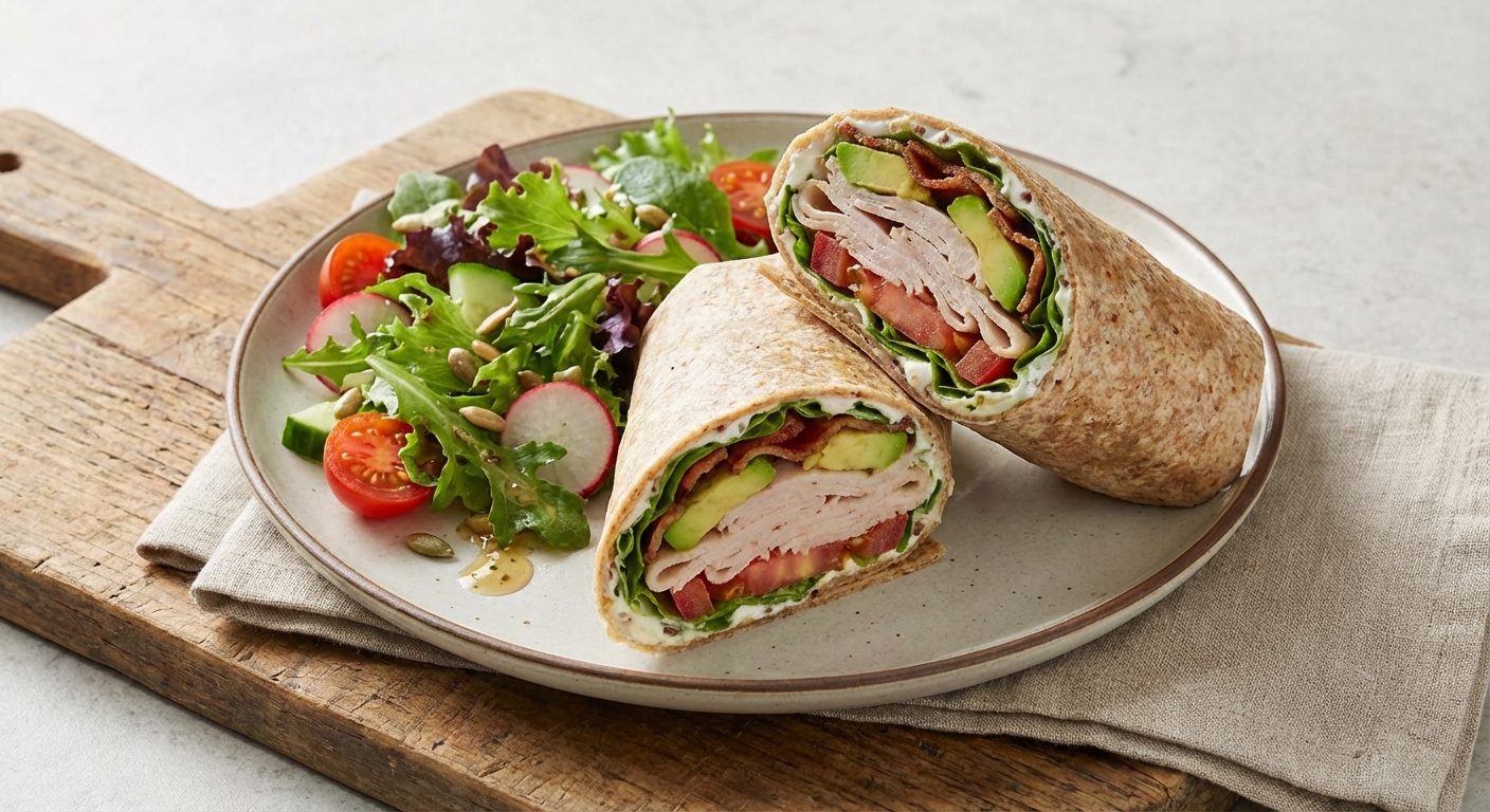 Turkey & Avocado Whole-Grain Wrap with Side Mixed-Green Vinaigrette Salad