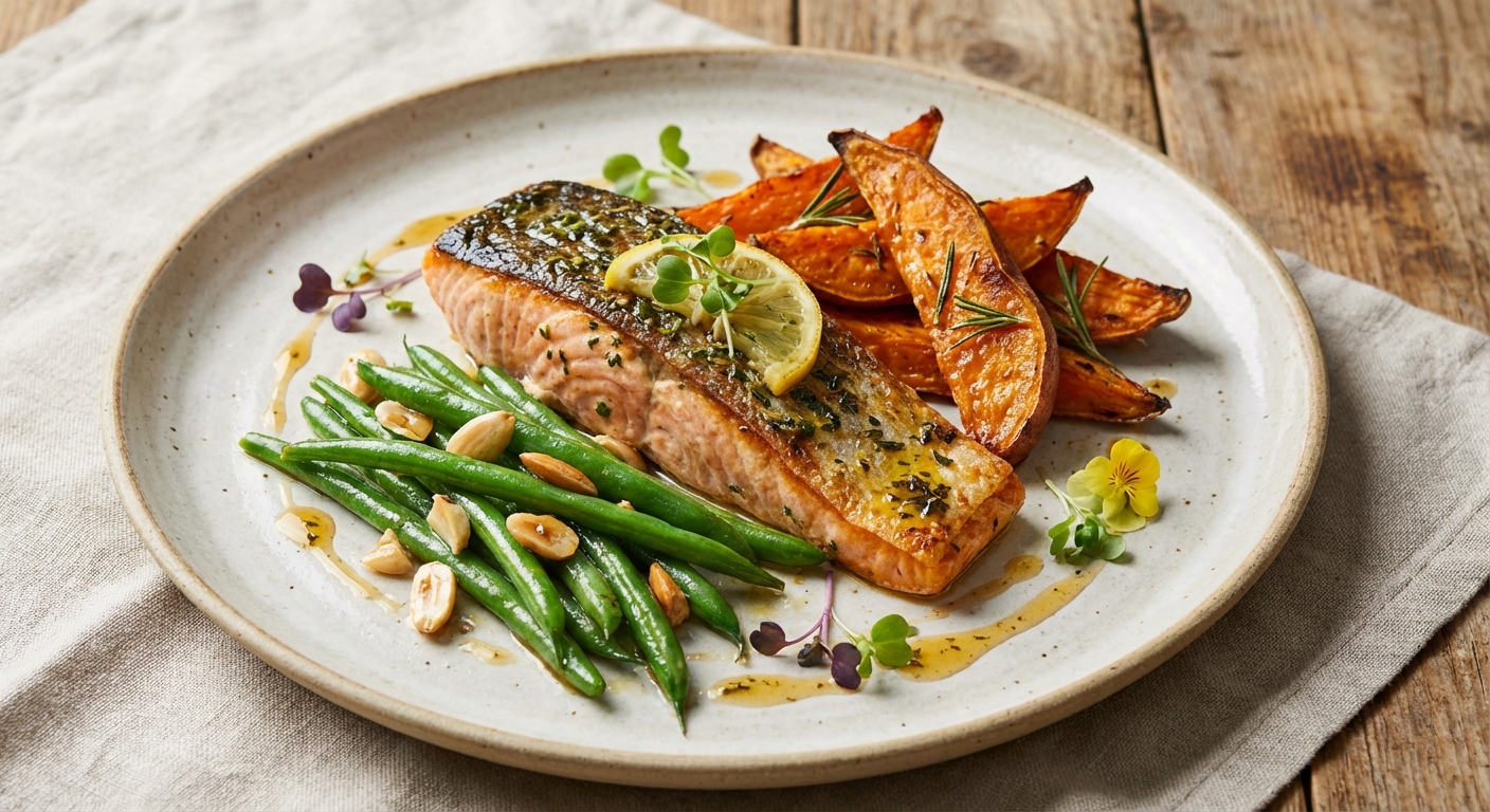 Baked Salmon with Roasted Sweet Potato & Sautéed Green Beans