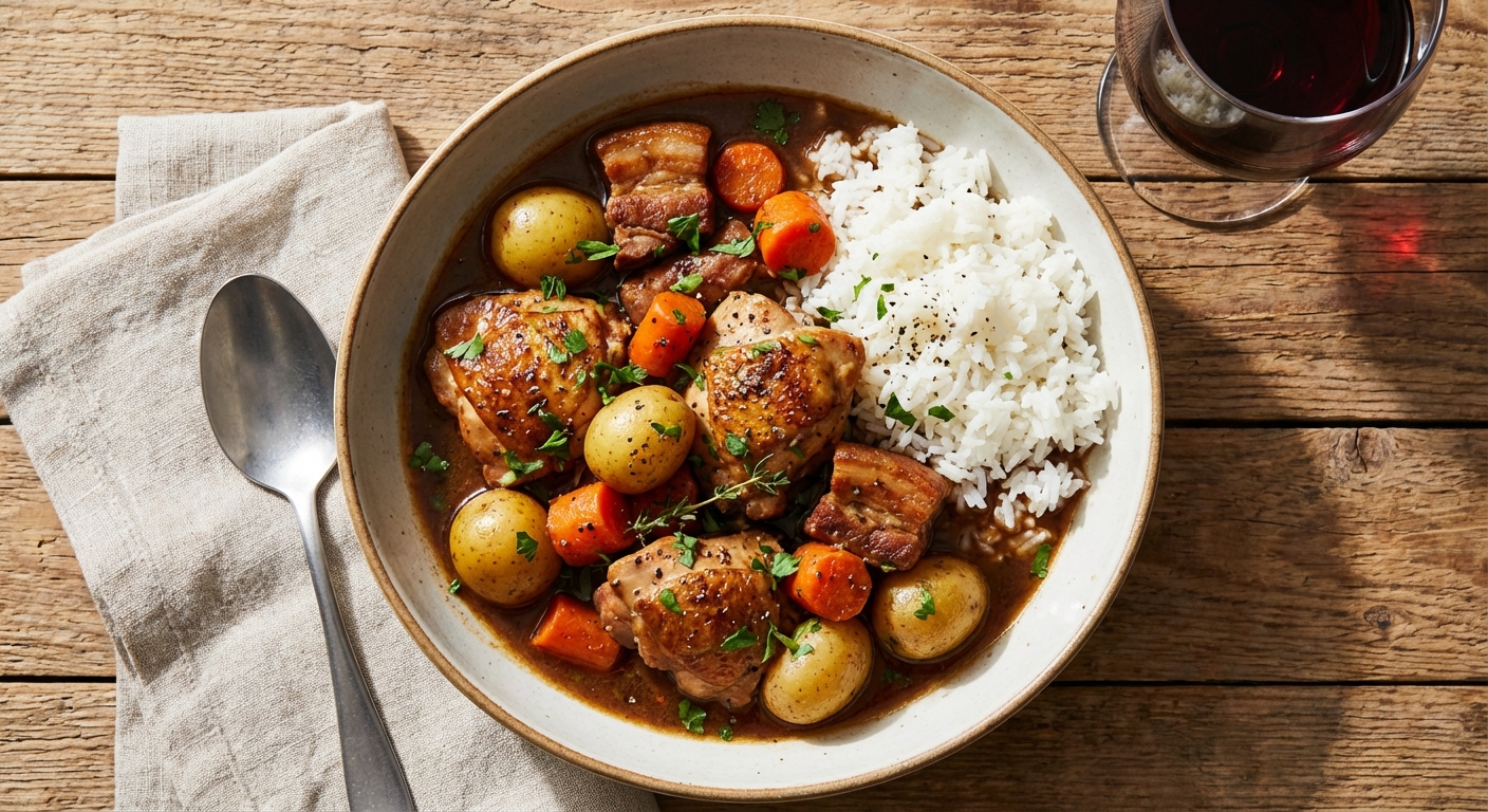 Hearty Chicken and Pork Stew with Rice and Potatoes