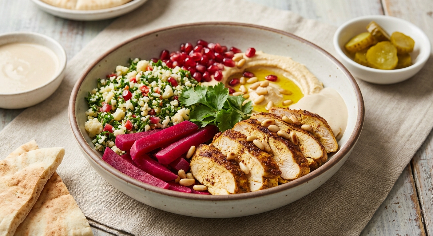 Chicken Shawarma Bowl with Cauliflower Tabbouleh & Pickled Turnips