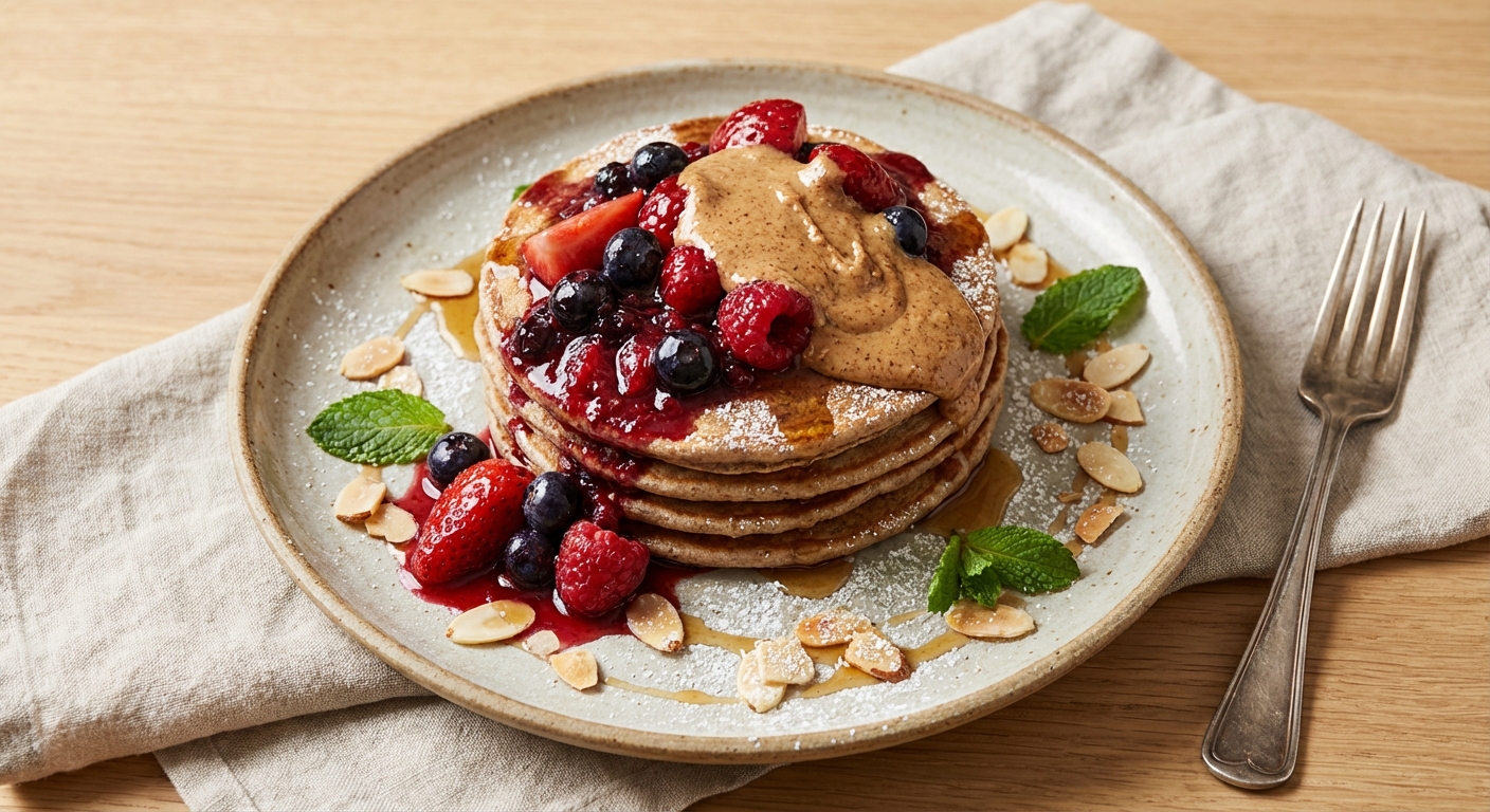 Buckwheat Pancakes with Berry Compote and Almond Butter