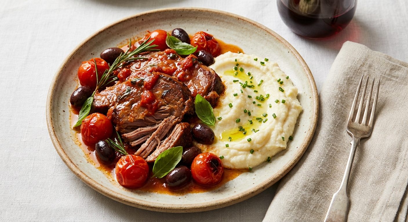 Italian-Style Braised Pork Shoulder with Tomatoes, Olives & Cauliflower Mash