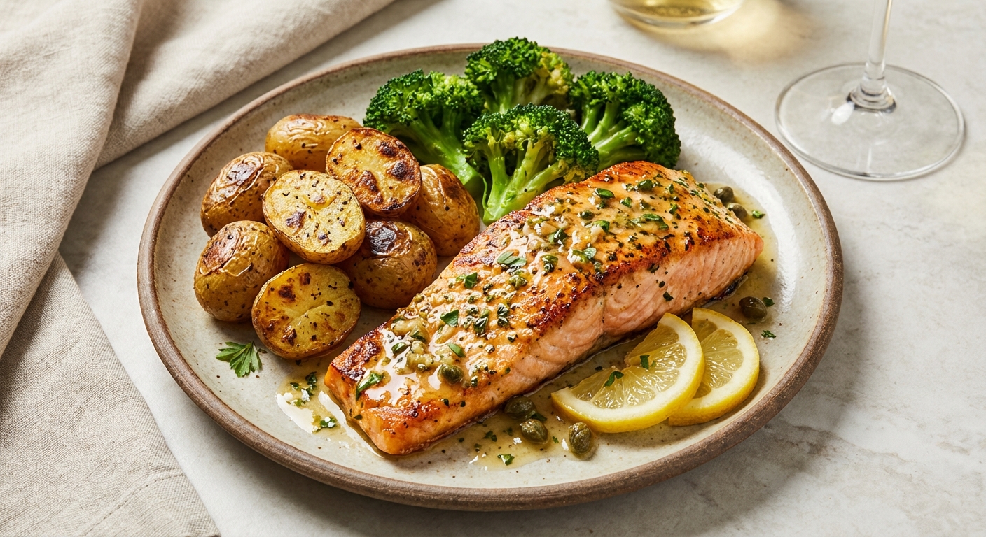 Lemon-Garlic Salmon with Roasted Baby Potatoes & Broccoli