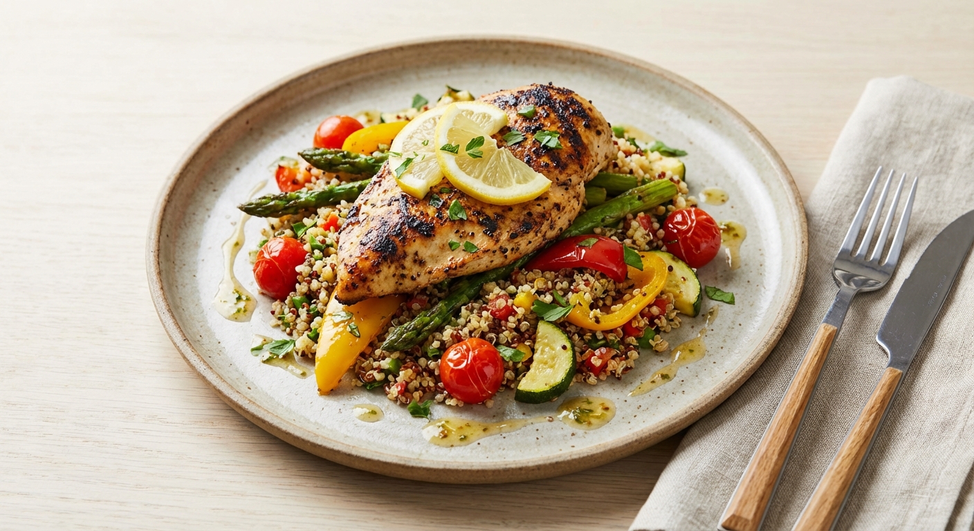 Grilled Lemon Chicken & Quinoa Salad with Roasted Veg