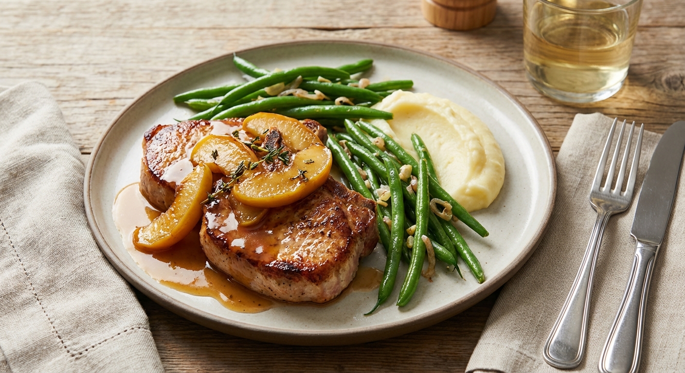 Pork Chops with Apple Sauce and Sautéed Green Beans