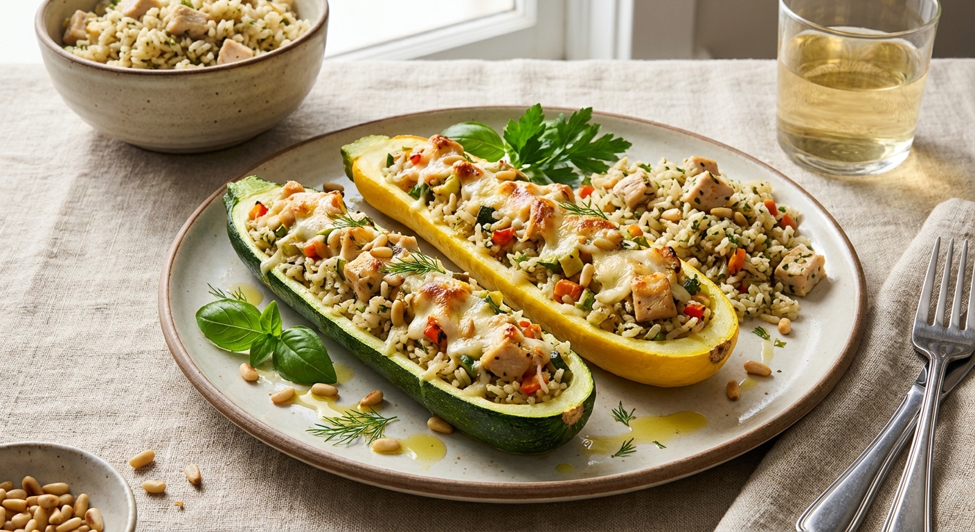 Stuffed Zucchini & Summer Squash Boats with Herbed Rice and Chicken