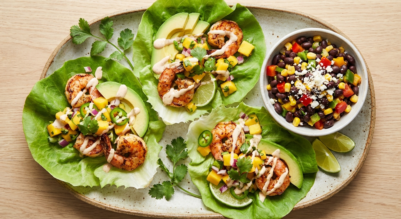 Shrimp & Avocado Lettuce Wraps with Mango Salsa and Black Bean Salad