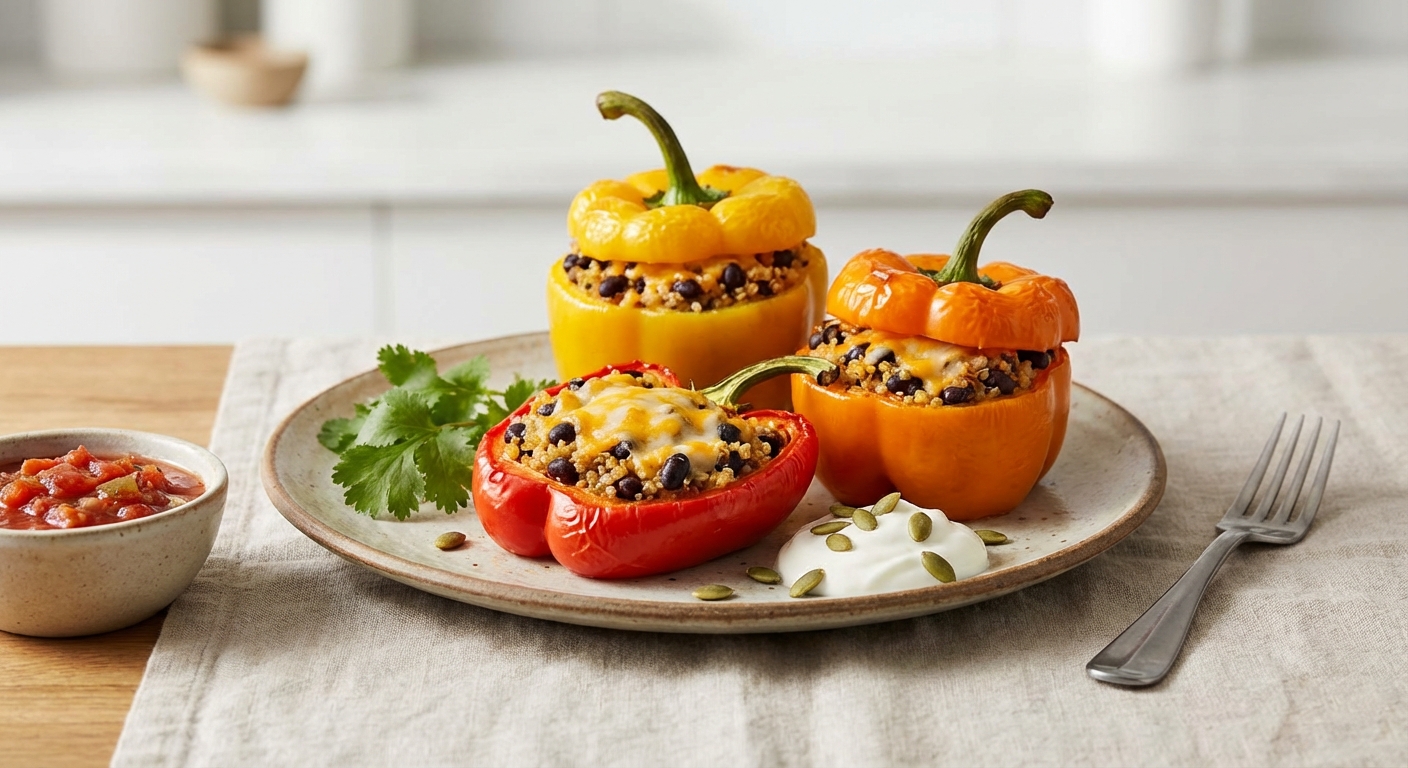 Vegetarian Stuffed Bell Peppers with Quinoa, Black Beans, & Cheese