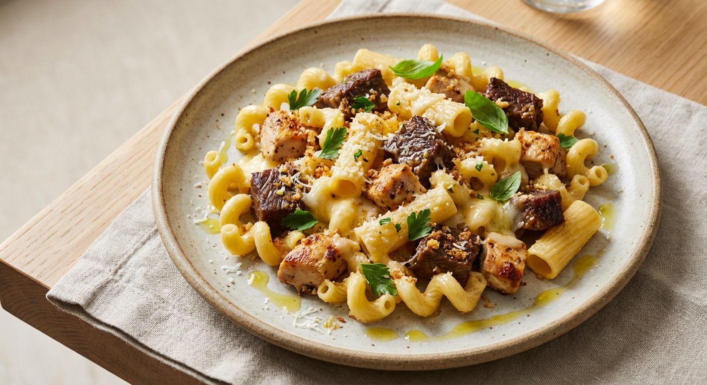 Cheesy Pasta with Chicken and Beef