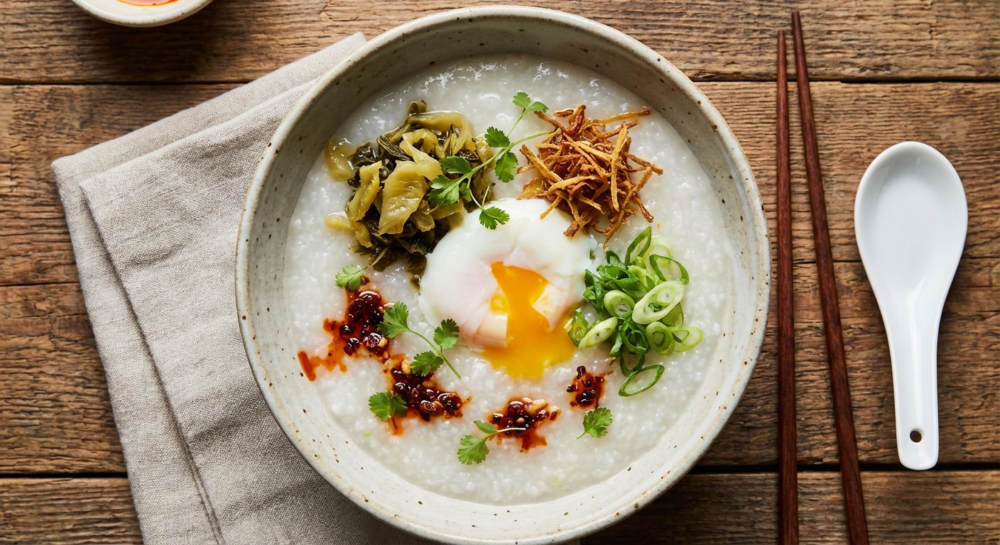 Ginger-Scallion Congee with Soft-Poached Egg & Pickled Mustard Greens