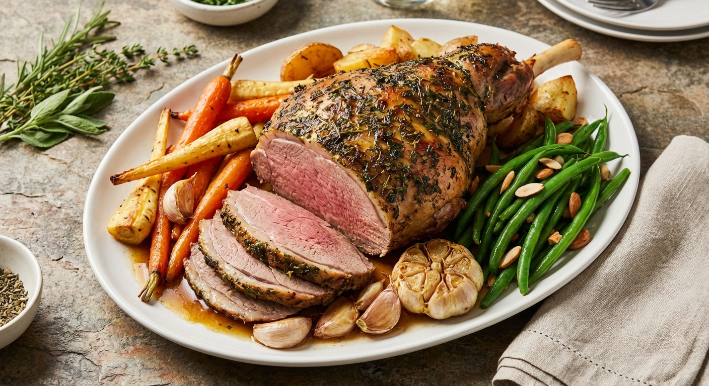 Herb-Roasted Leg of Lamb with Garlic Roasted Roots & Green Beans