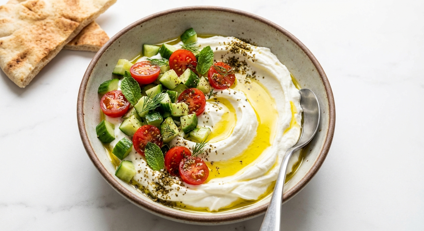 Labneh Bowl with Cucumber, Tomatoes & Olive Oil