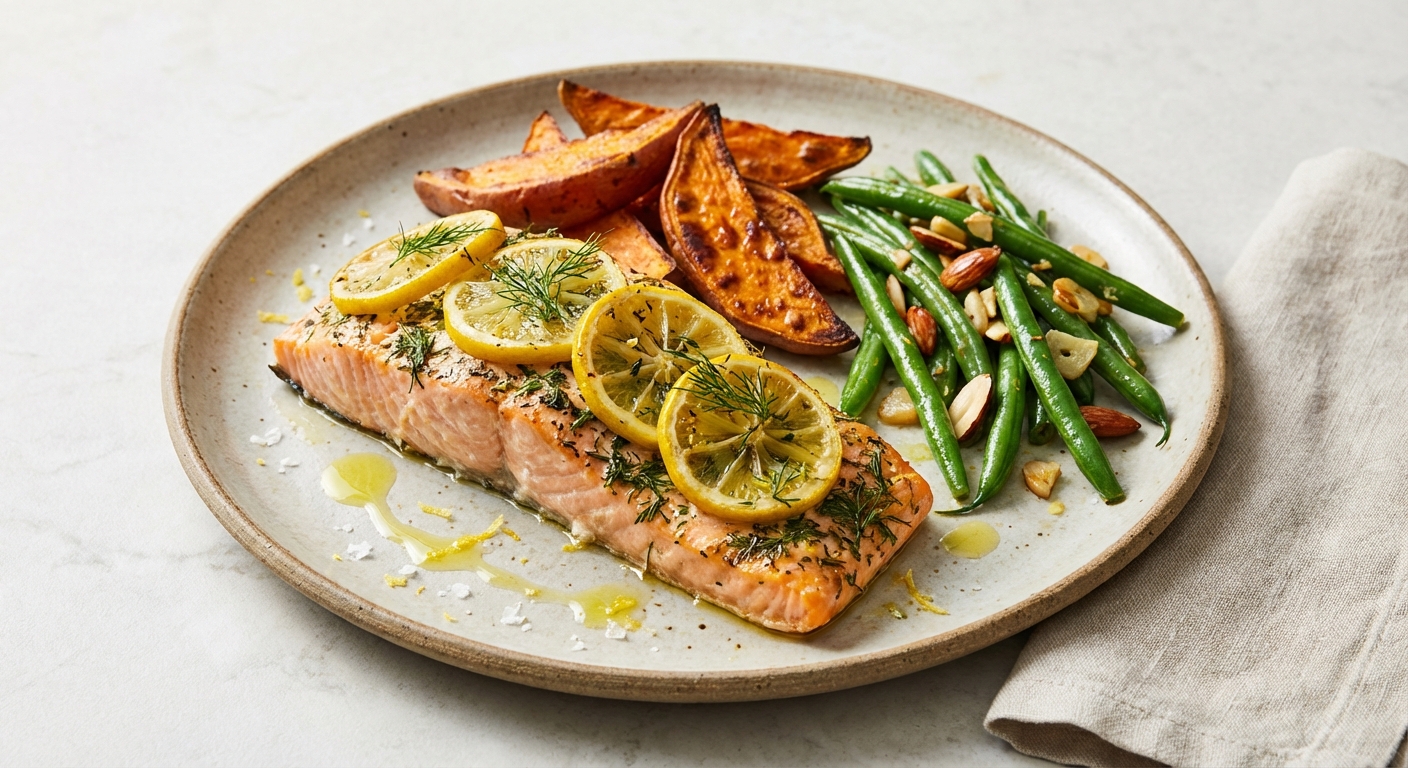 Baked Lemon-Dill Salmon with Roasted Sweet Potatoes and Sautéed Green Beans