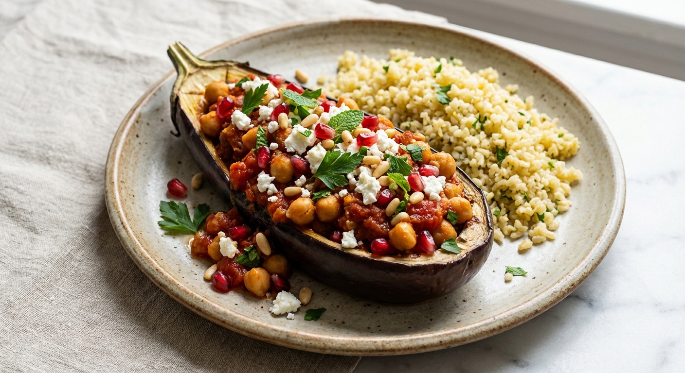 Baked Stuffed Eggplant with Chickpea Tomato Stew & Lemon Herb Bulgur
