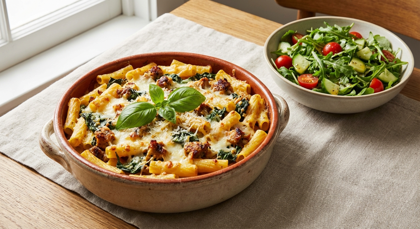 Baked Ziti with Turkey, Spinach & Simple Green Salad